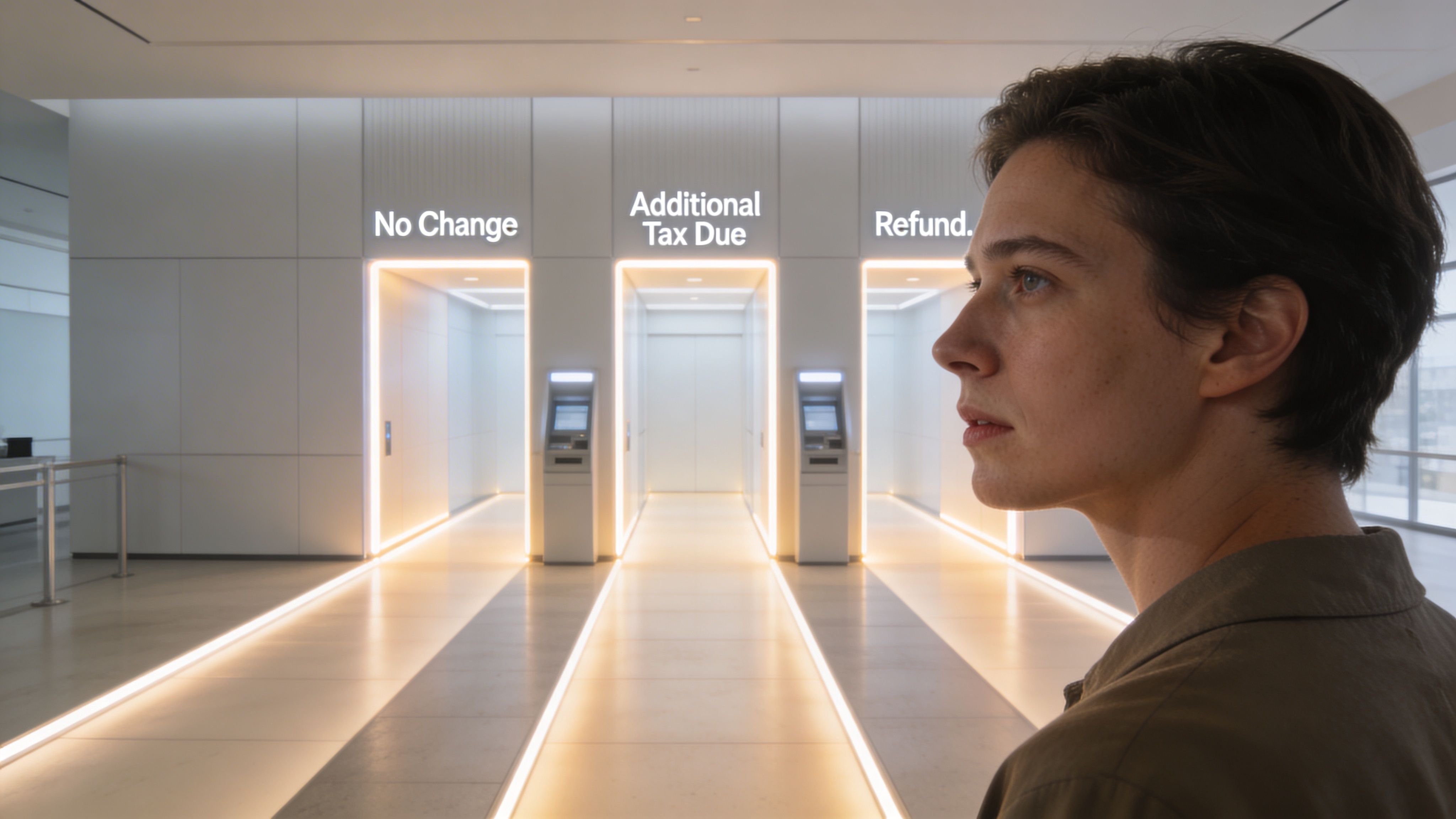 A person standing in a futuristic office hall with signs indicating tax payment outcomes like tax refund