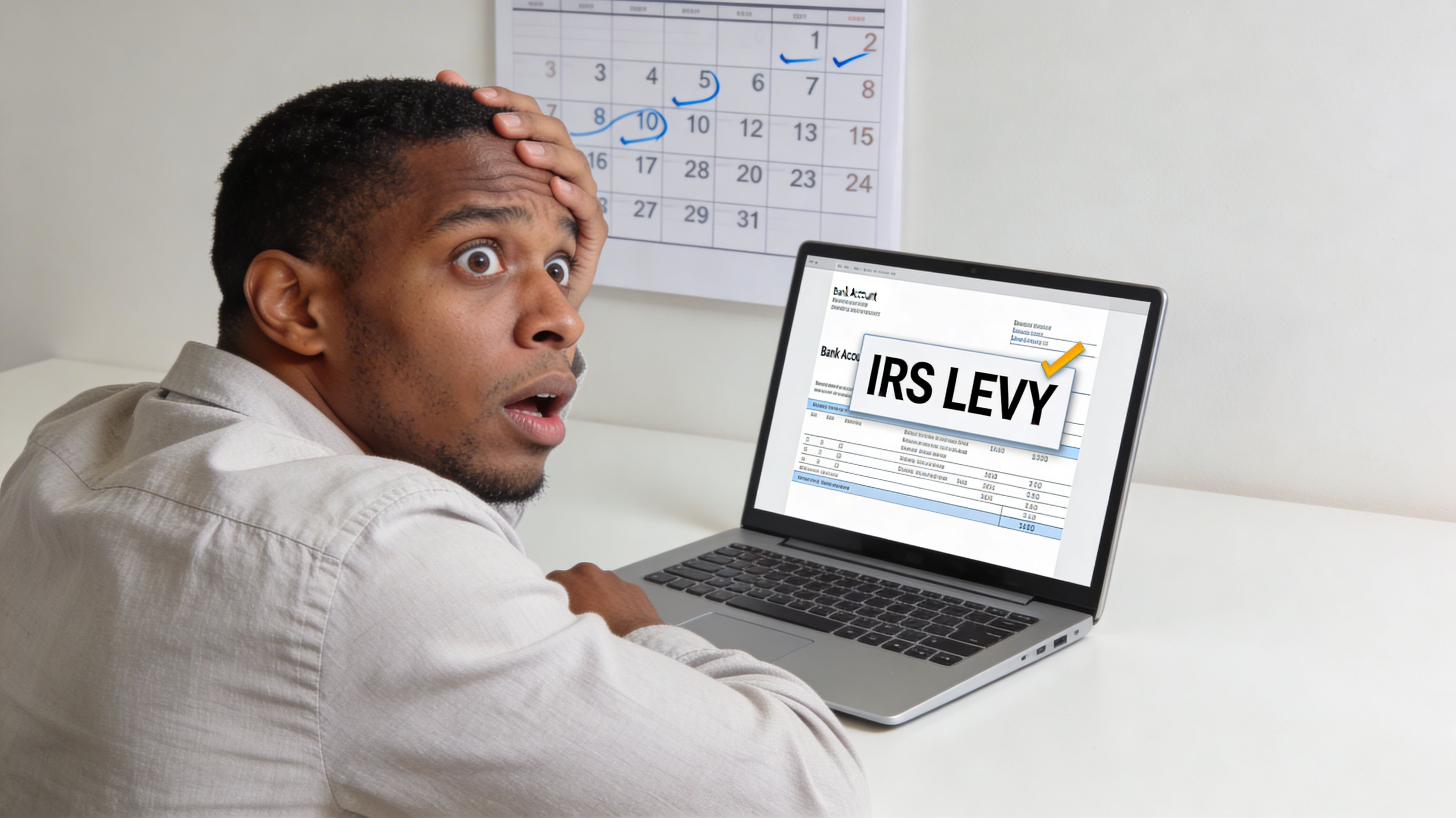 A distressed man looking at his laptop screen showing an IRS levy notification on his bank account.