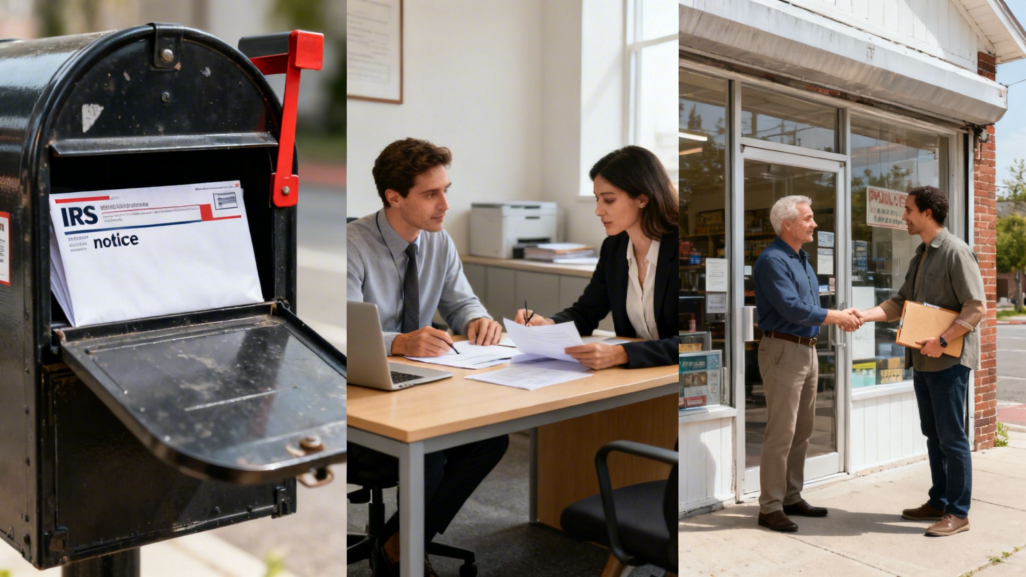 An IRS notice in a mailbox, a tax advisor consultation, and a business agreement handshake.