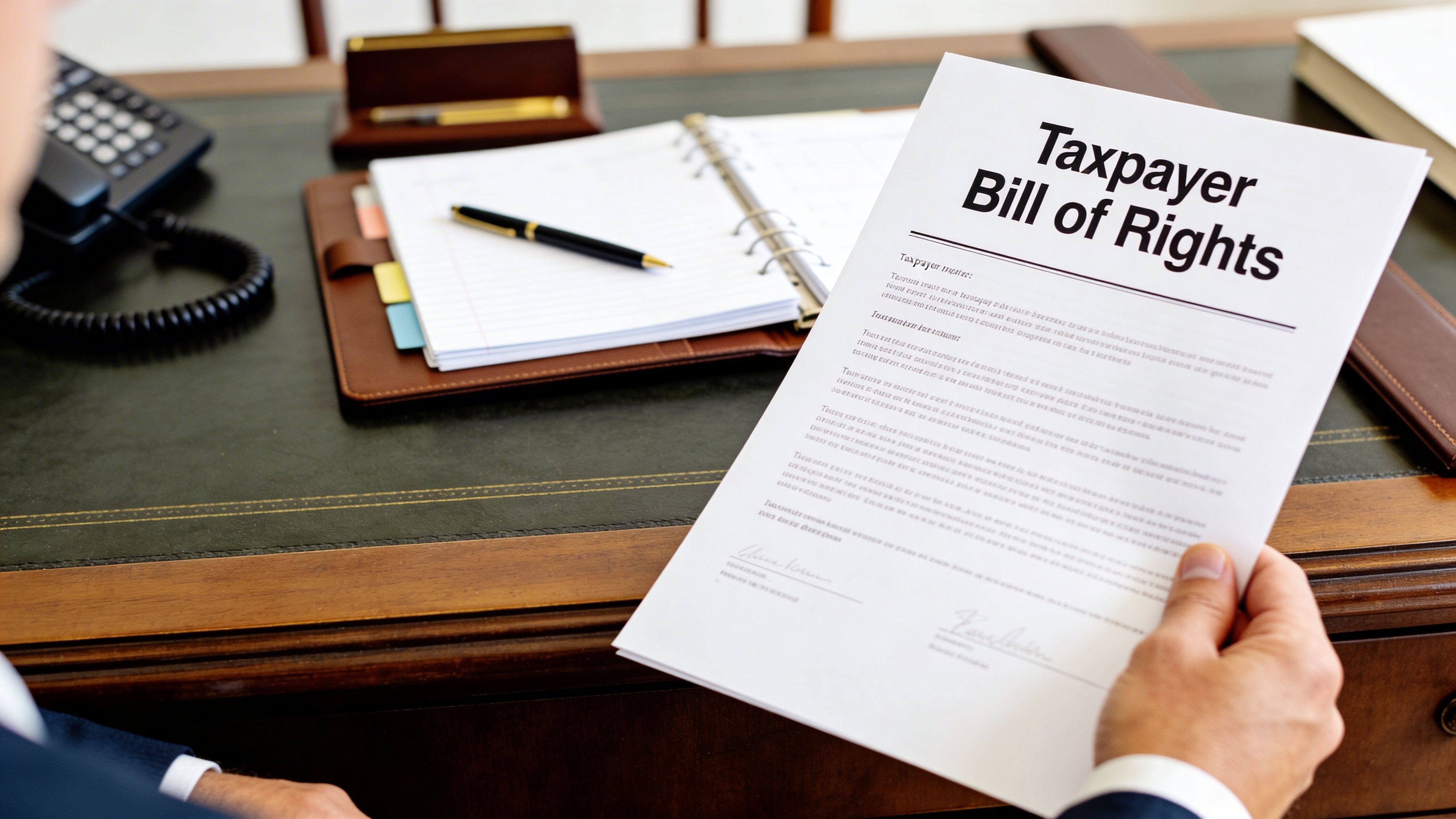 A professional holding a document titled Taxpayer Bill of Rights at a desk with a planner and phone.