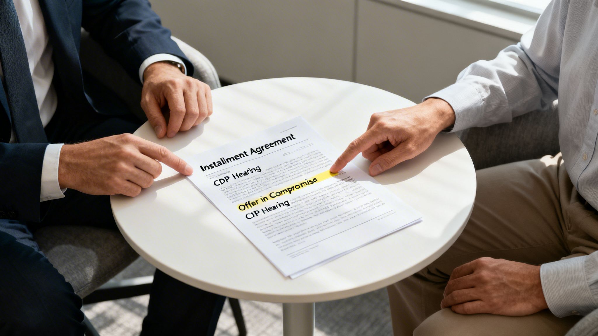Two men discuss an installment agreement document, with one pointing at a highlighted 'Offer in Compromise'.
