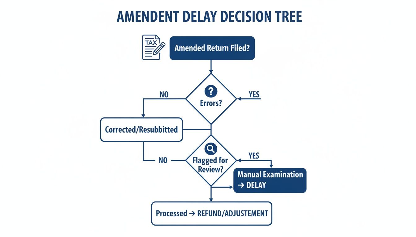 Flowchart illustrating the decision tree for delays in processing an amended tax return.