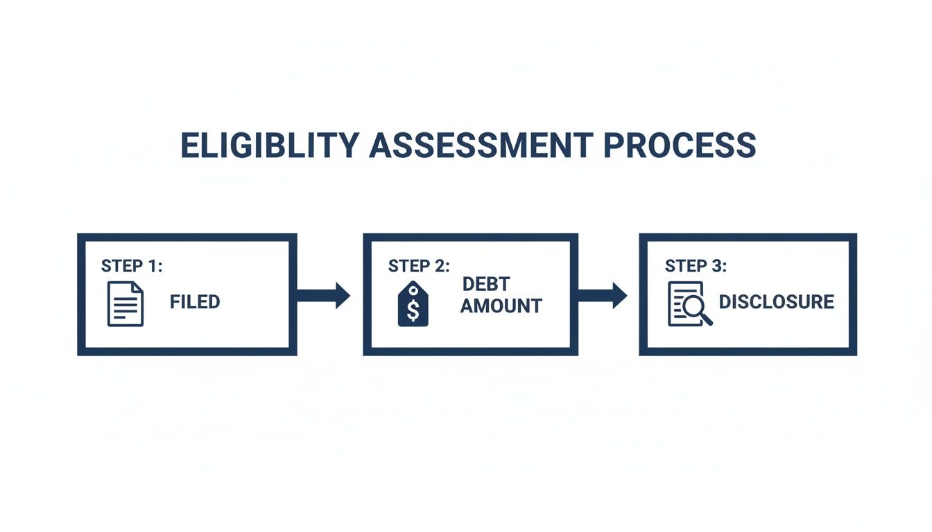 Flowchart outlining the three-step eligibility assessment process: filed, debt amount, and disclosure.