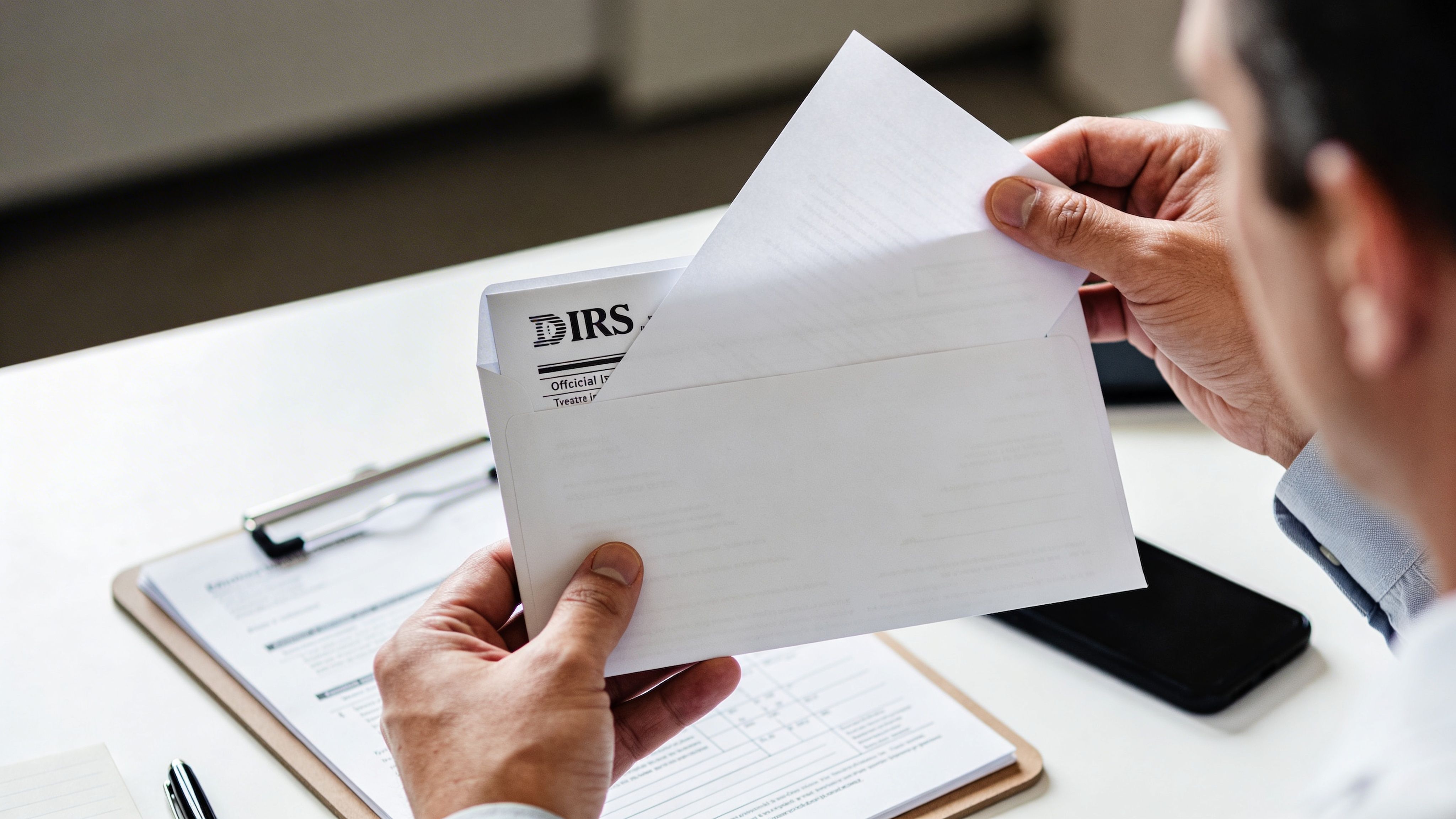 A person holding an official IRS tax document while sitting at a desk with paperwork and documents.