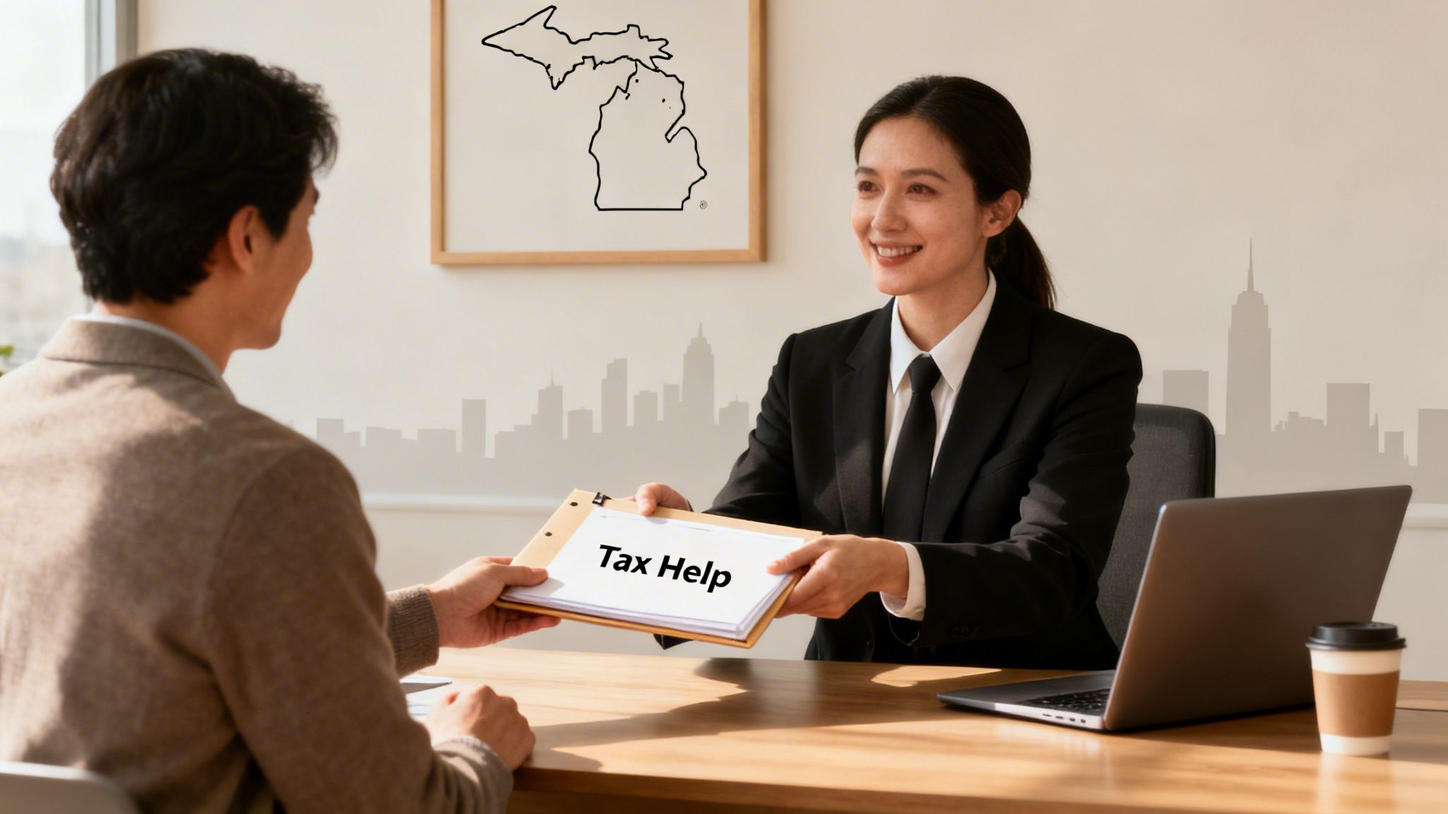 A smiling female tax professional hands a folder labeled 'Tax Help' to a client in an office with a Michigan map.