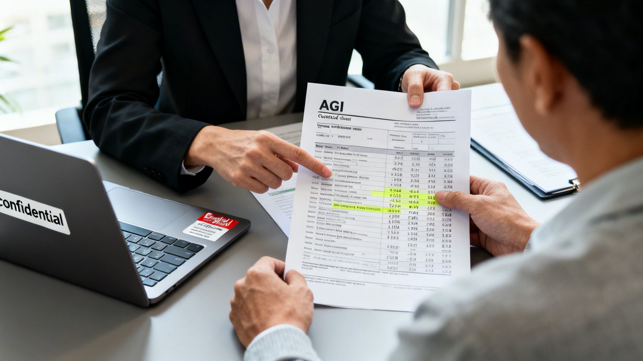 Two people discussing a confidential AGI tax document, with one pointing at highlighted figures during a financial consultation.