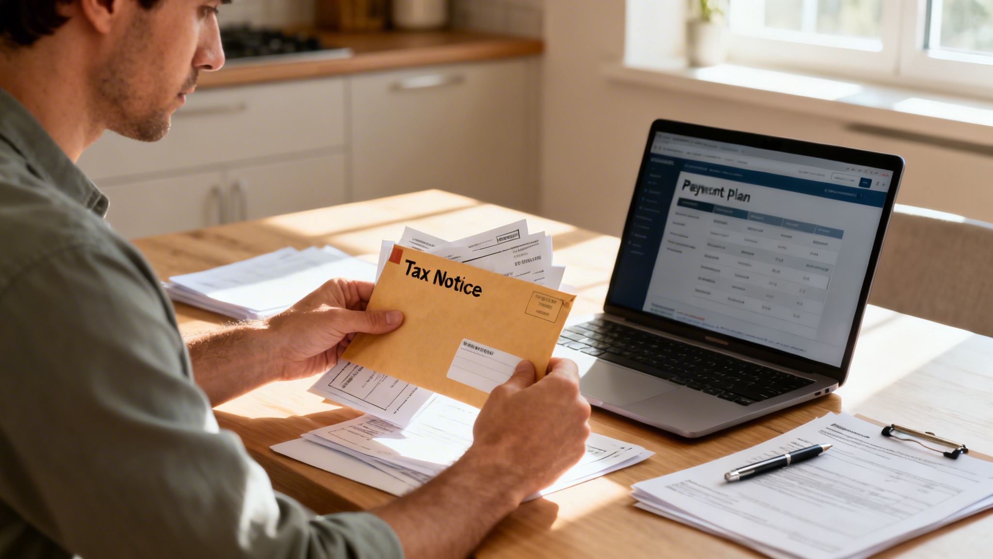 A man holds a 'Tax Notice' envelope and papers, looking at a laptop's payment plan.