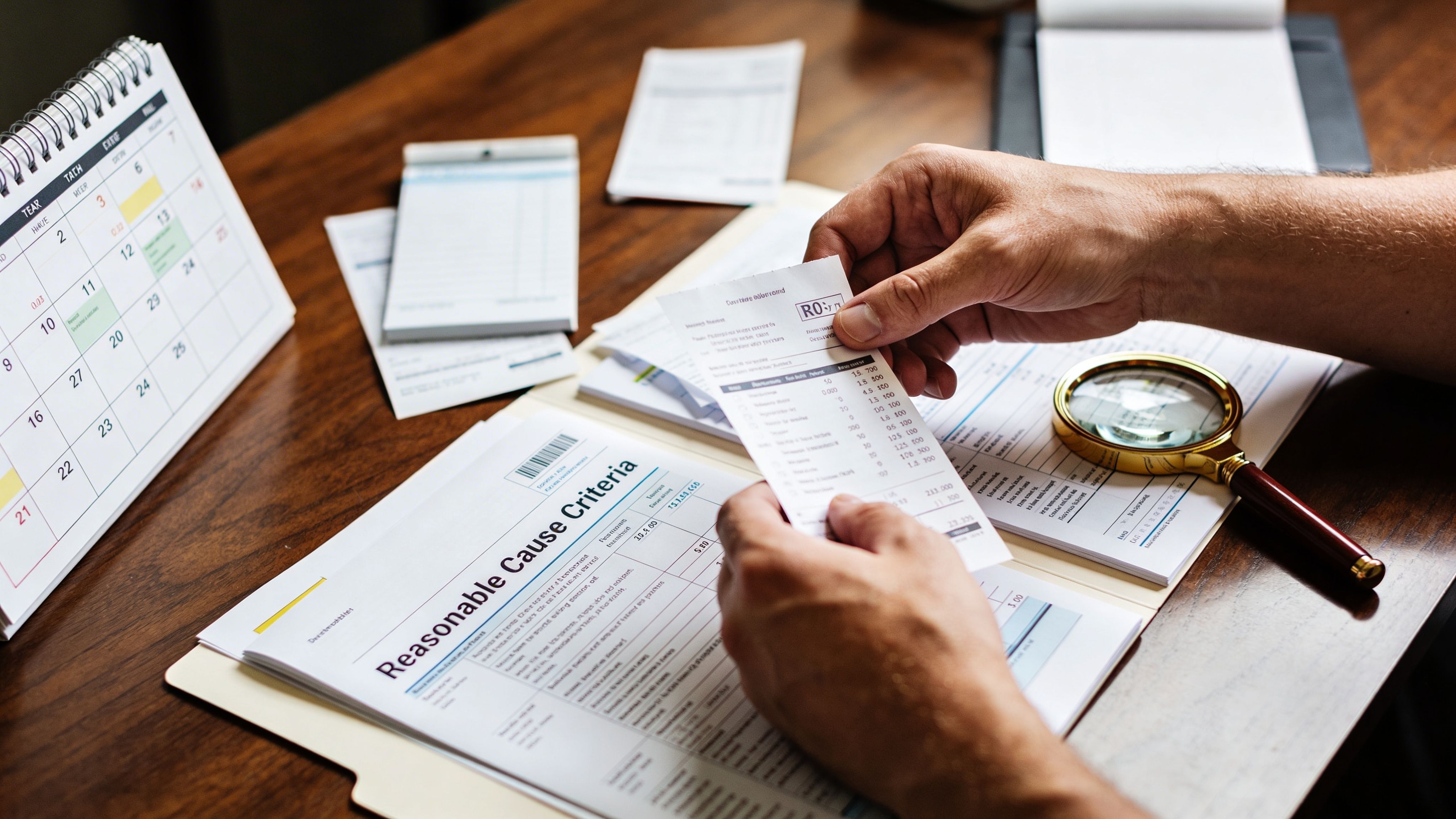 A person reviewing tax documents and receipts on a desk to determine reasonable cause for IRS penalties.