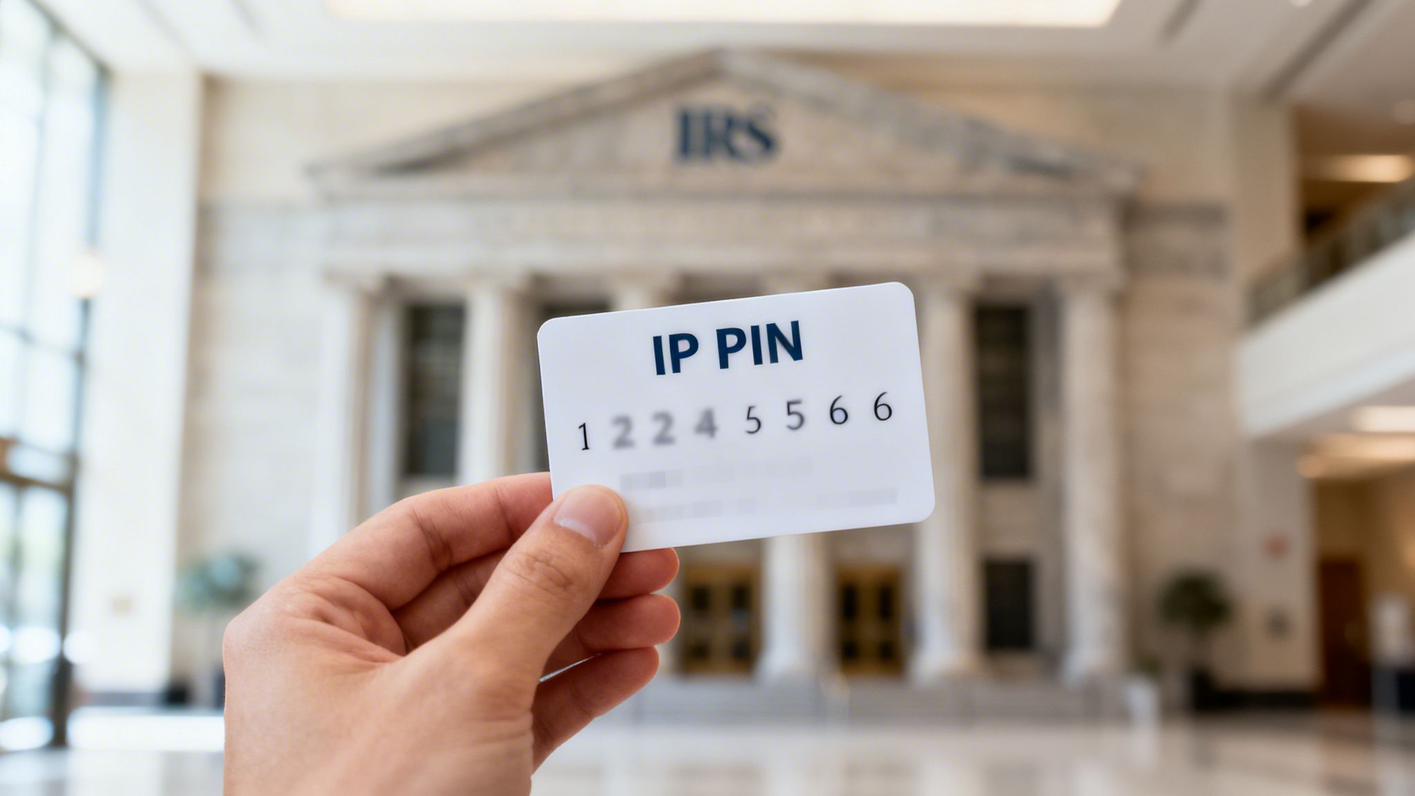 A hand holds an IRS IP PIN card with numbers in front of the blurry IRS building.
