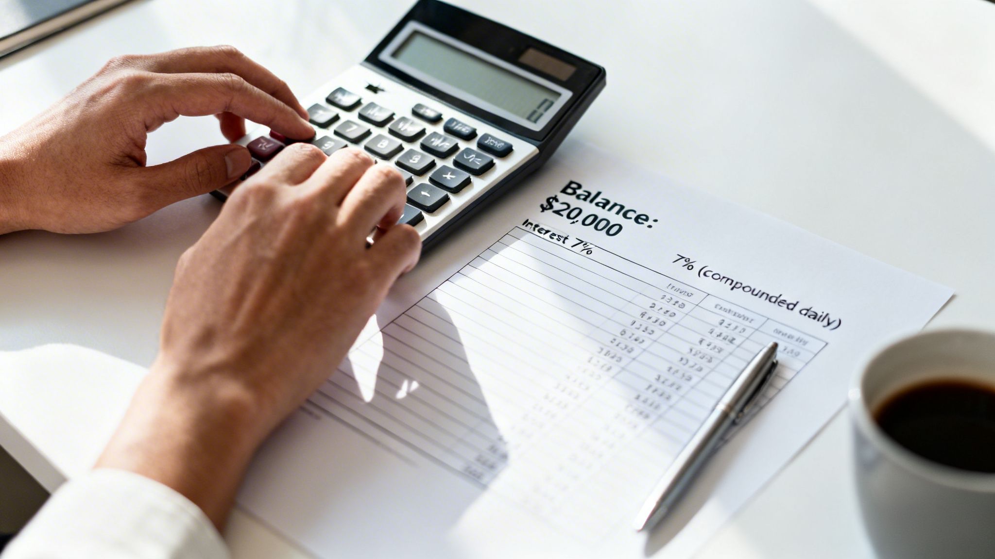 Hands operating a calculator, working on financial calculations with interest on a paper.