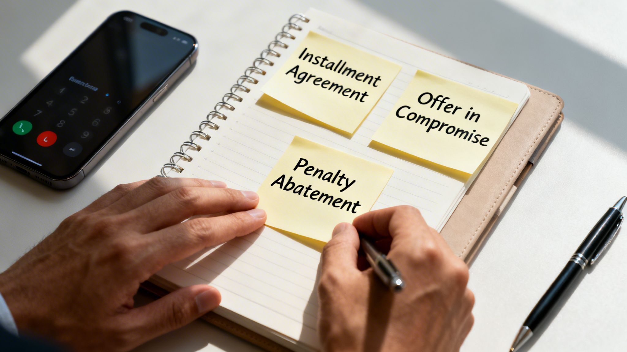 A person's hands arranging sticky notes with financial terms like 'Installment Agreement' on a notebook, next to a smartphone.