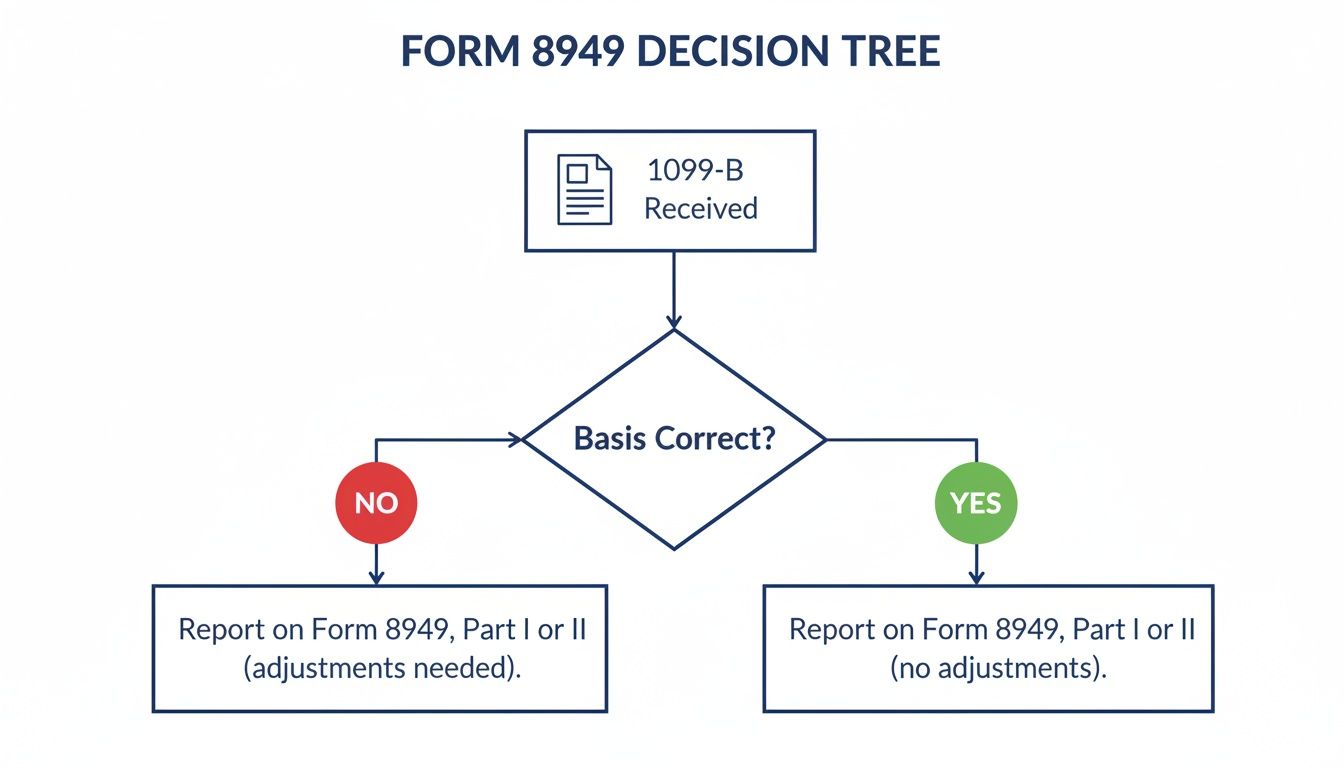 A Form 8949 decision tree flowchart regarding 1099-B basis correctness and reporting requirements.