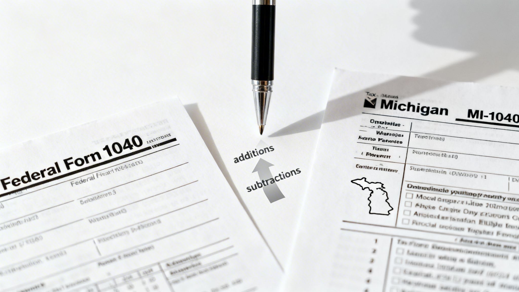 A pen points to 'additions' and 'subtractions' between Federal Form 1040 and Michigan tax forms.