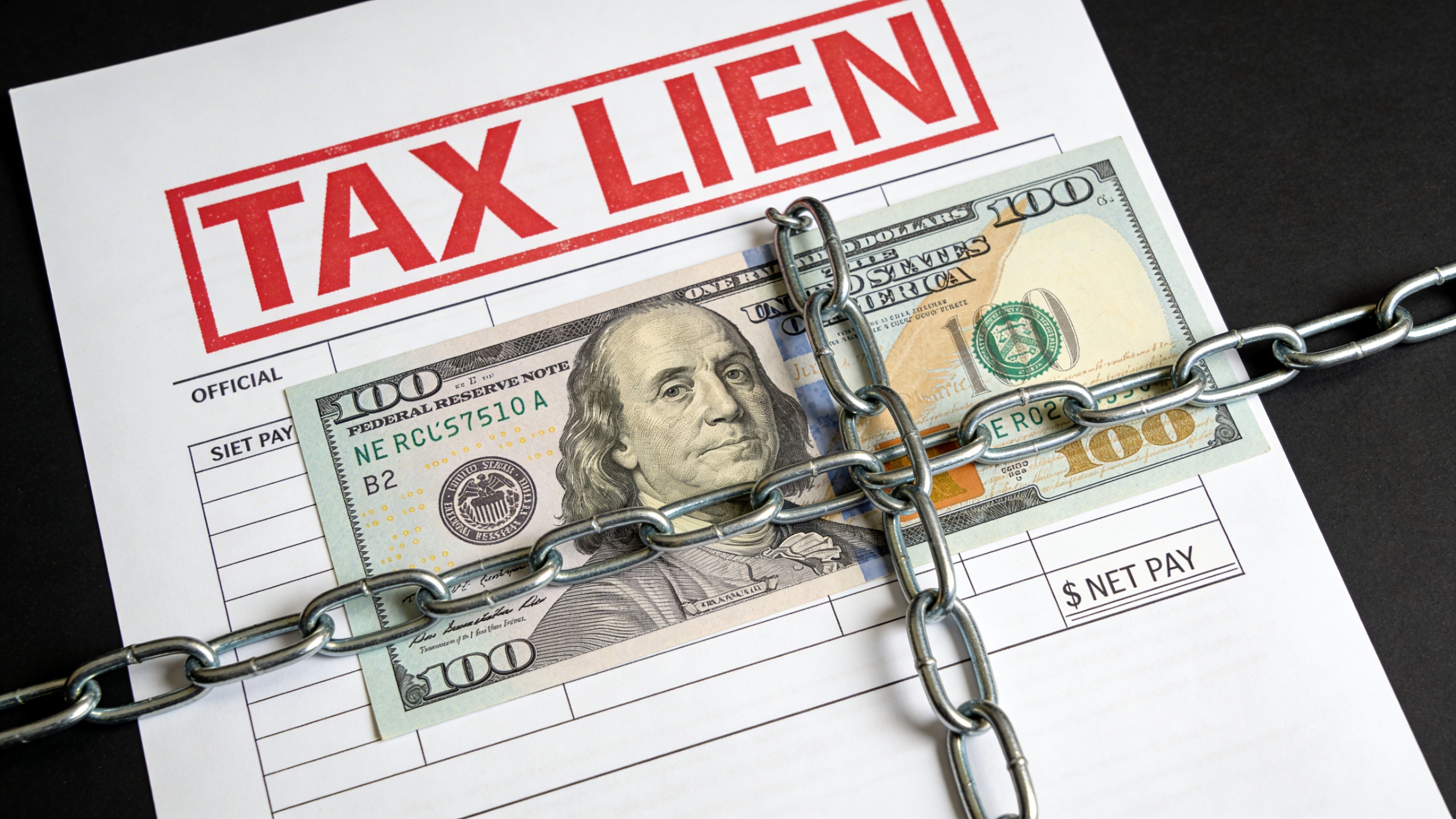 A hundred dollar bill locked under metal chains on top of an official tax lien document.