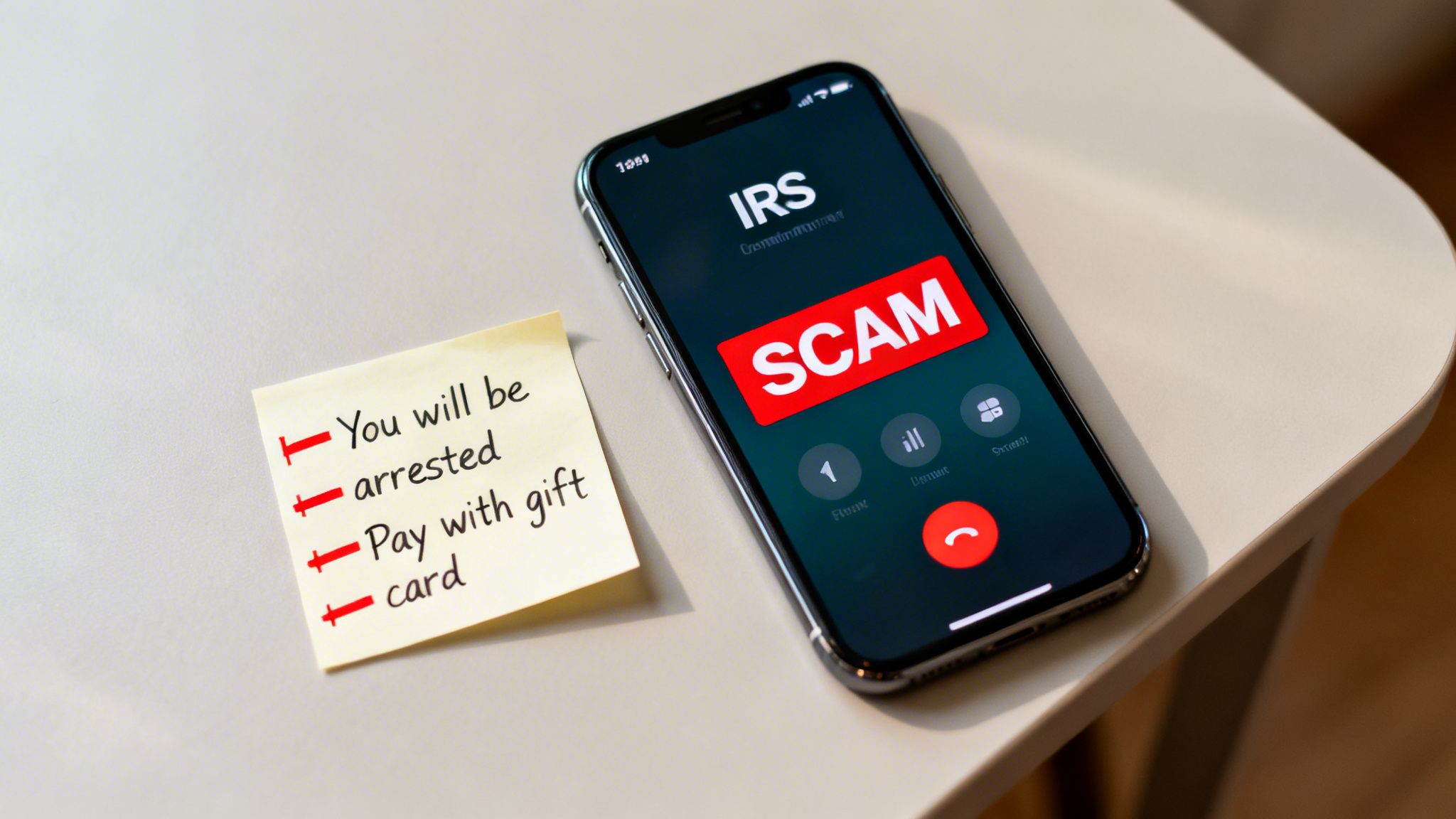 IRS scam call warning on a smartphone with a note listing "arrested" and "gift card" tactics.