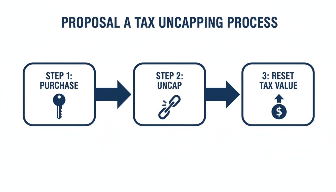 Flowchart illustrating Proposal A tax uncapping process with steps: purchase, uncap, and reset tax value.