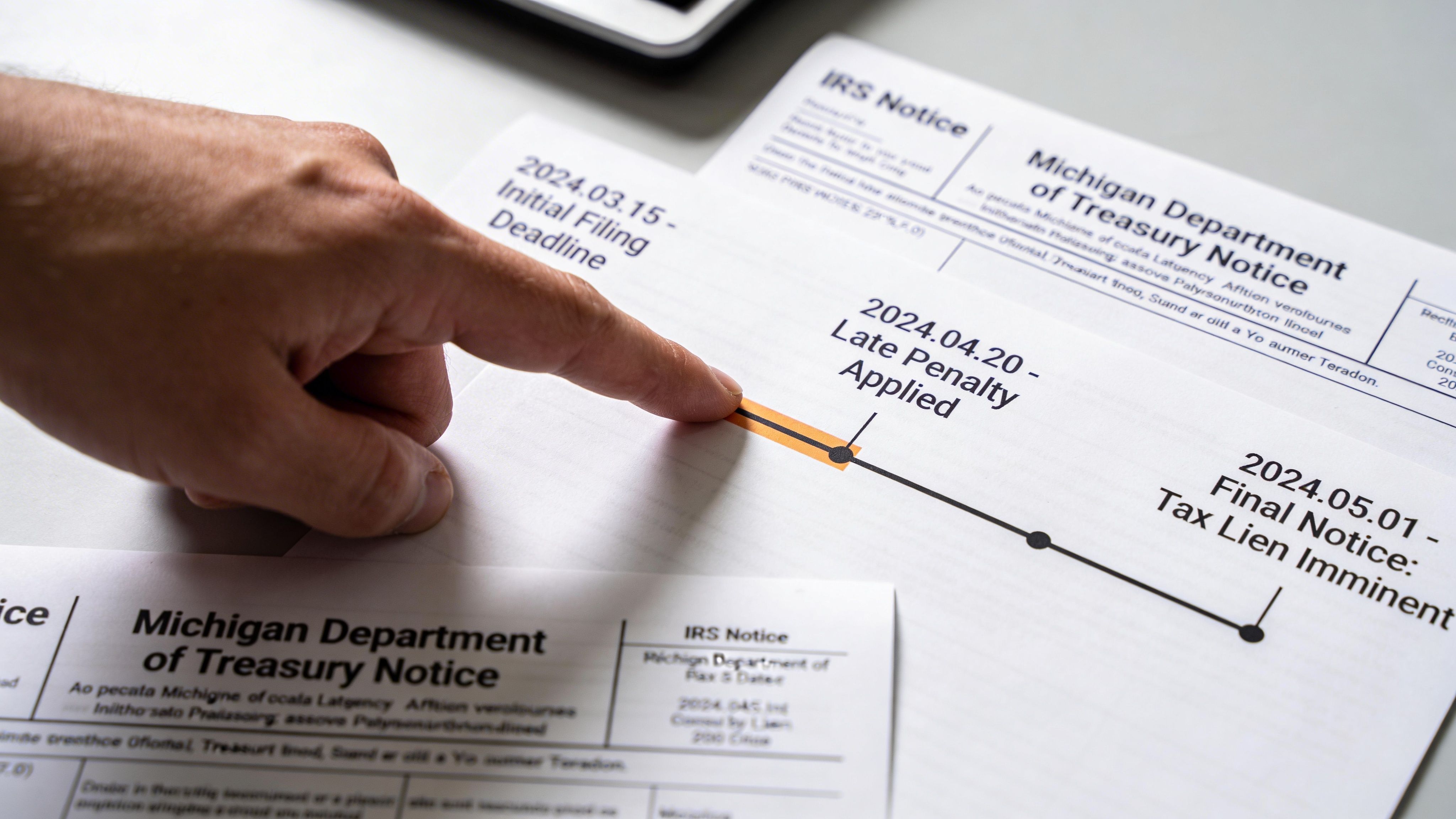 A person pointing to a timeline illustrating tax penalty deadlines on a Michigan Department of Treasury notice.