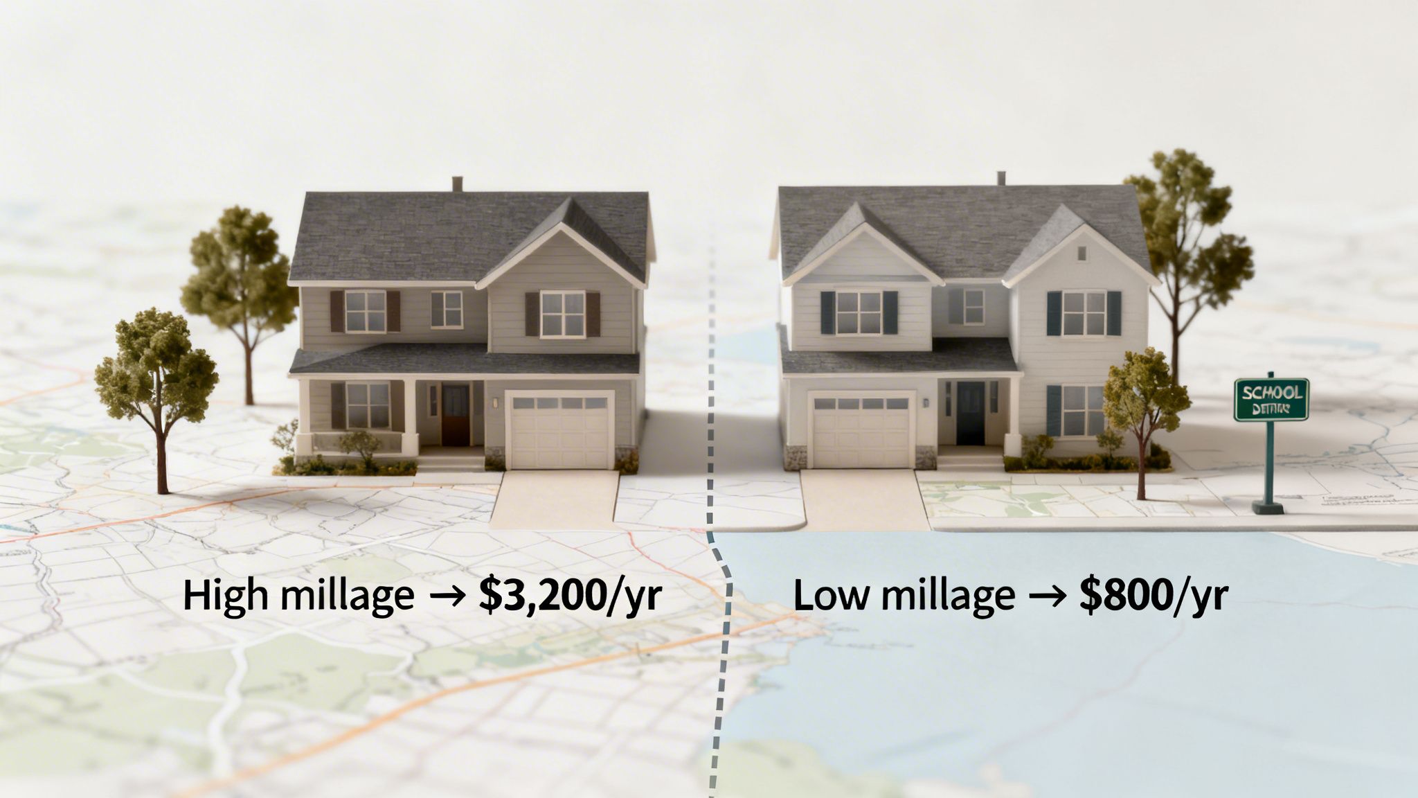 Two houses on a map comparing high ($3,200/yr) and low ($800/yr) millage property taxes across school districts.