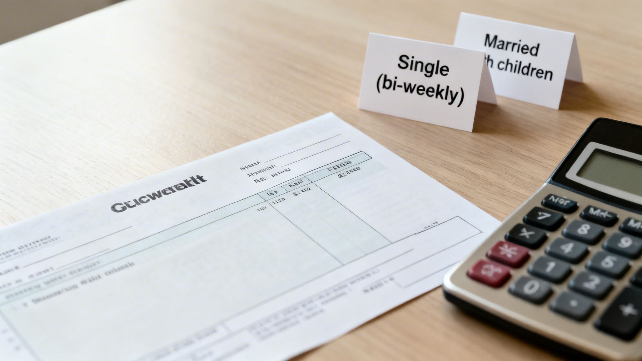 A financial document, calculator, and cards for 'Single (bi-weekly)' and 'Married with children' on a wooden desk.