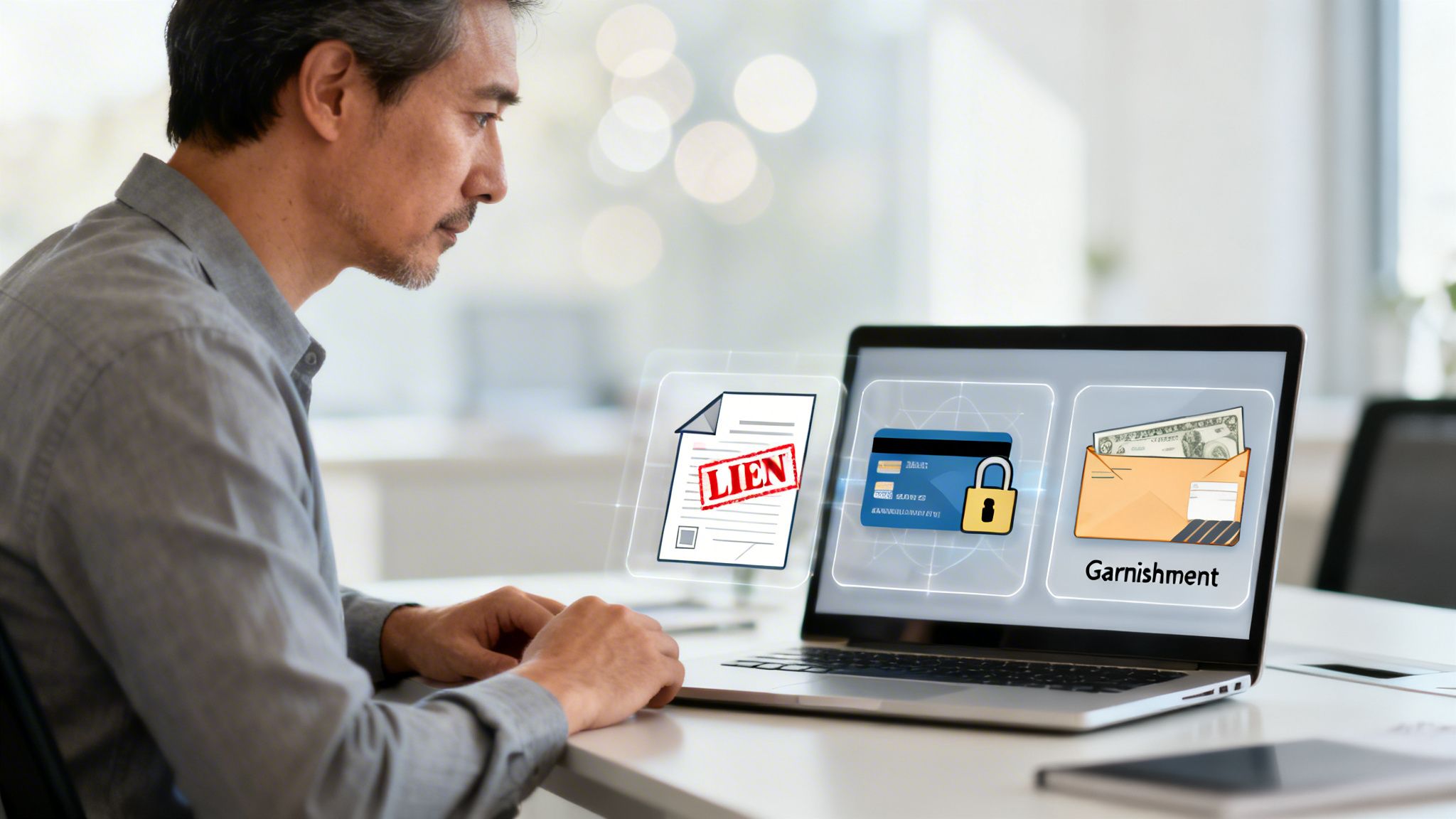 Man looking at laptop screen showing icons for lien, credit card freeze, and garnishment.