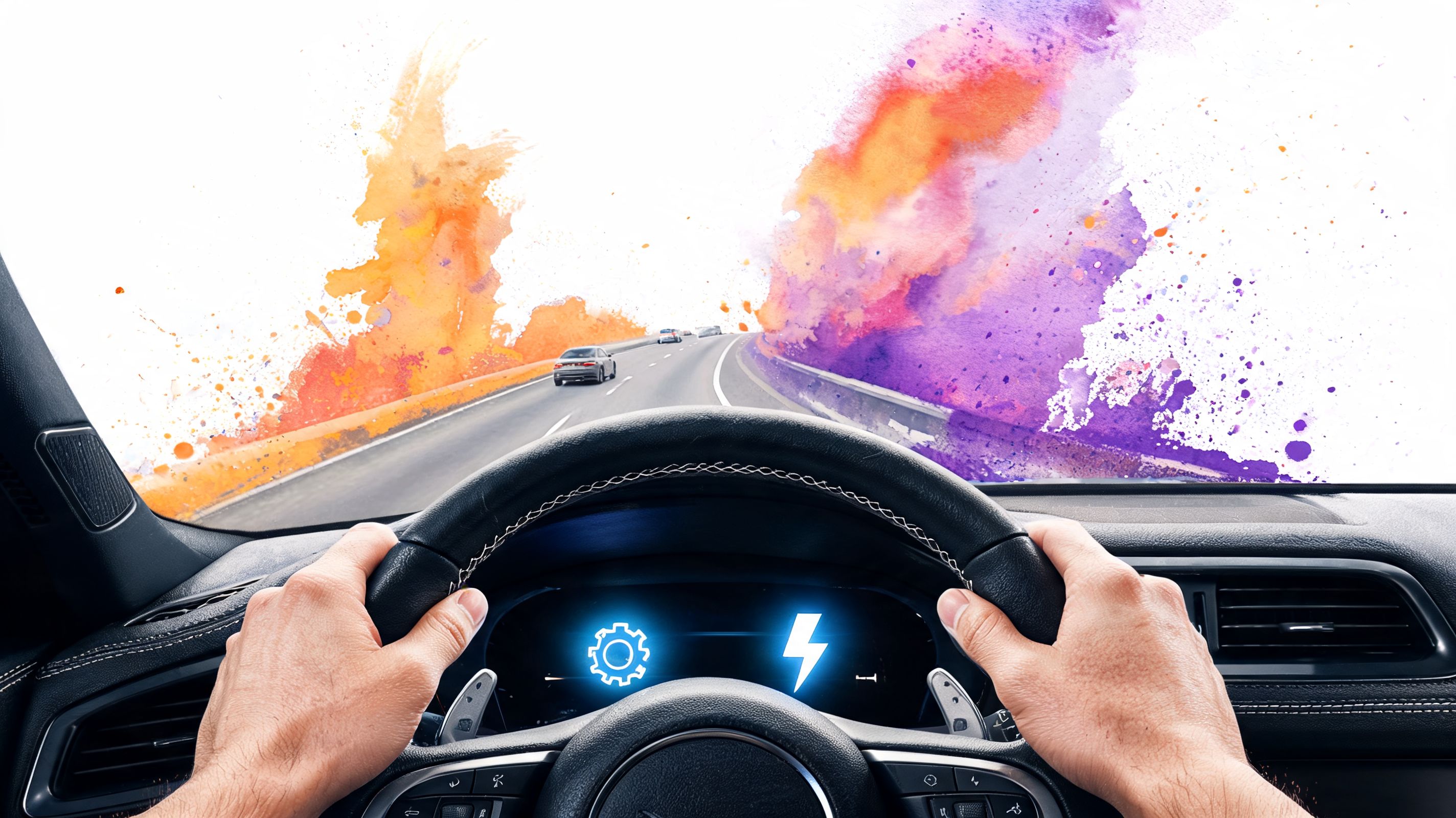 Persona conduciendo un vehículo eléctrico por una carretera moderna con gráficos digitales abstractos de energía y tecnología.