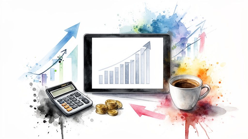 Tableta con gráfico de barras ascendente, calculadora, monedas y café, simbolizando crecimiento financiero y productividad.