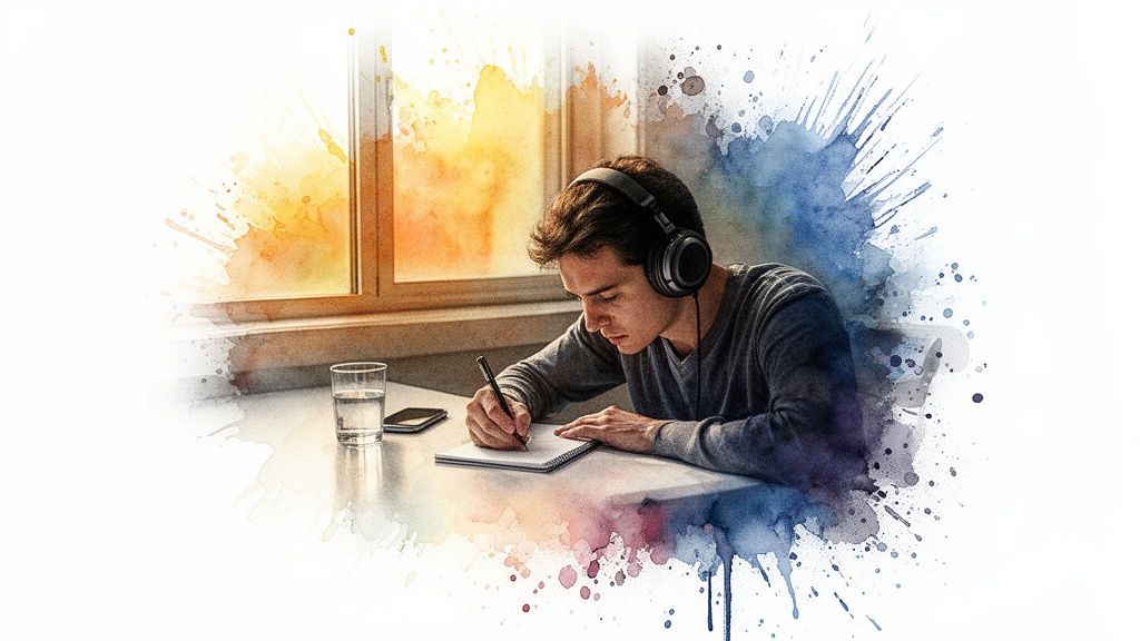 Joven con auriculares escribiendo en un cuaderno, en un escritorio con un vaso de agua, con un fondo de acuarela vibrante.