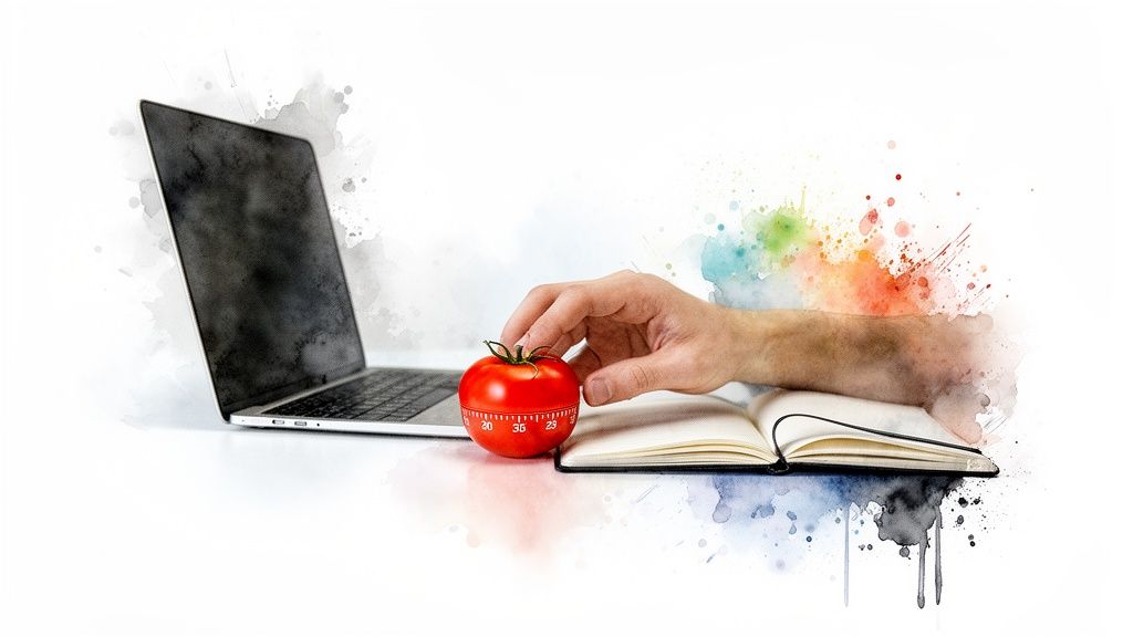Una mano ajusta un temporizador Pomodoro en forma de tomate junto a un portátil y un cuaderno abierto, con salpicaduras de acuarela.