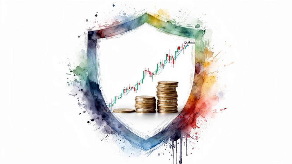 Escudo protector de acuarela con gráfico financiero alcista y pilas de monedas, simbolizando inversión segura.