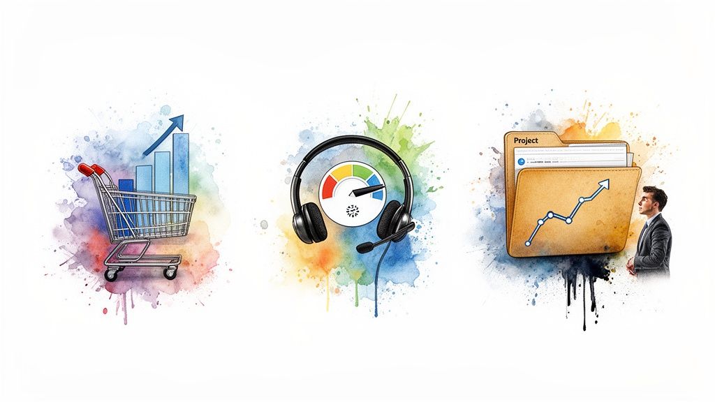 Ilustraciones de acuarela que muestran crecimiento de ventas, buen rendimiento y éxito de proyectos empresariales.