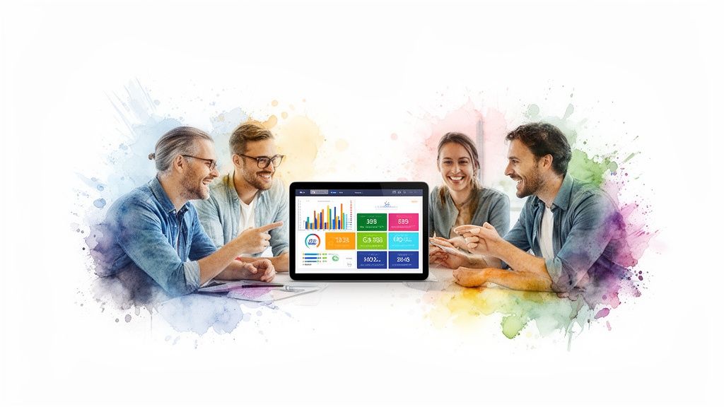Cuatro personas colaborando alrededor de un portátil con un panel de Power BI mostrando datos y gráficos.
