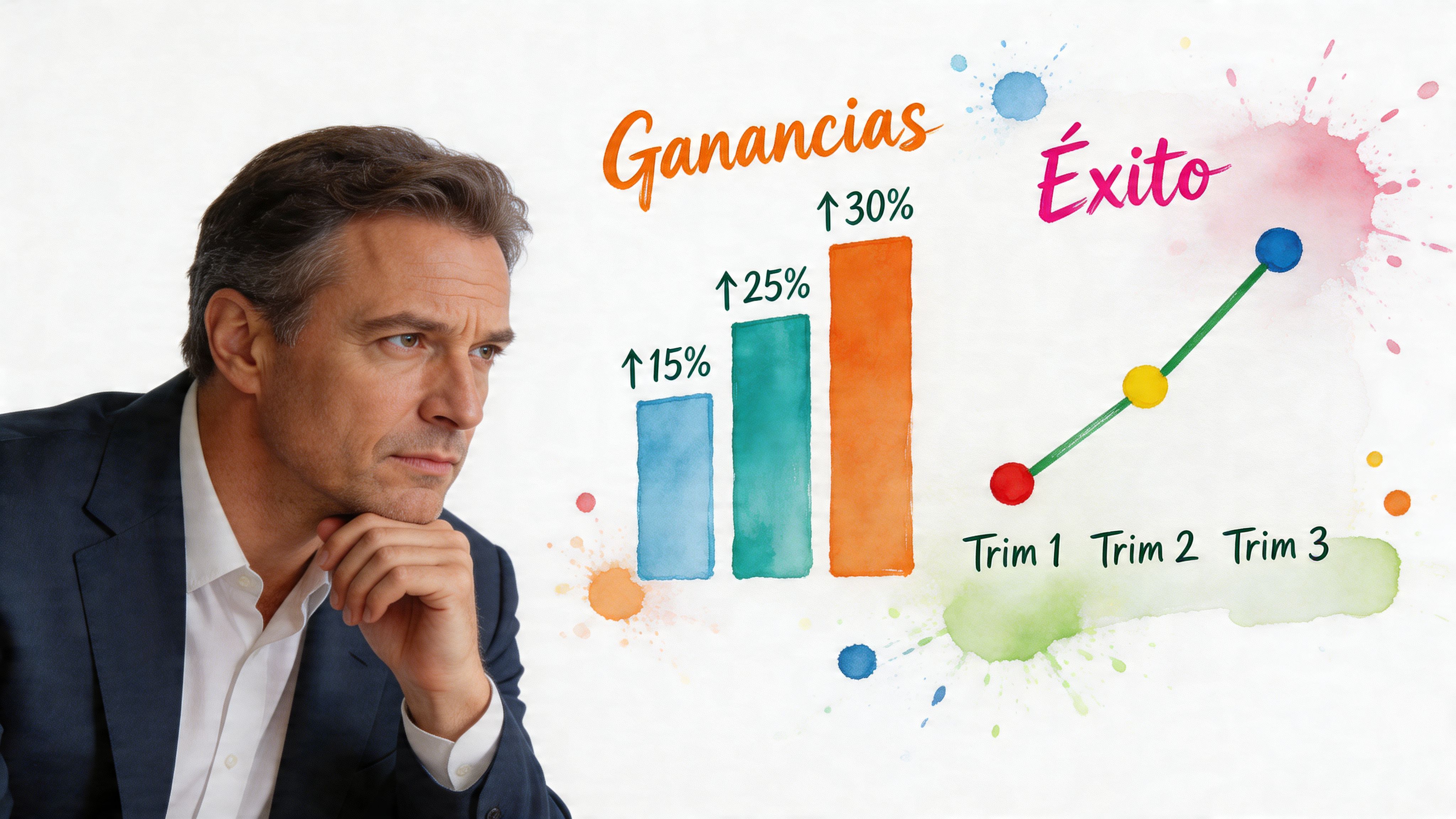 Un ejecutivo de negocios reflexivo analiza un gráfico colorido que muestra el crecimiento de ganancias y éxito empresarial.