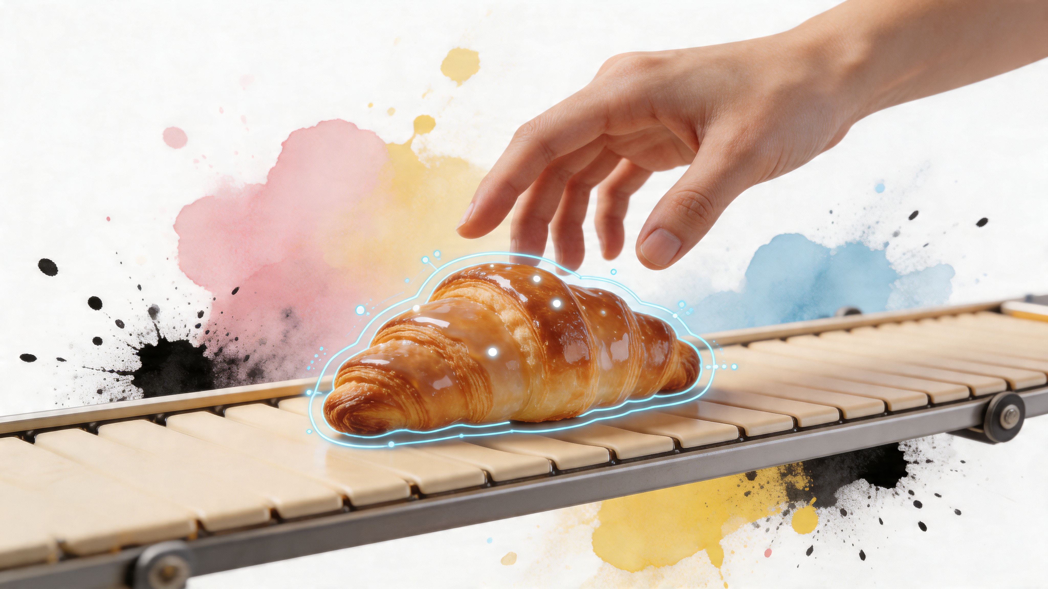 Una mano humana alcanza un croissant brillante en una cinta transportadora con superposiciones de datos digitales.