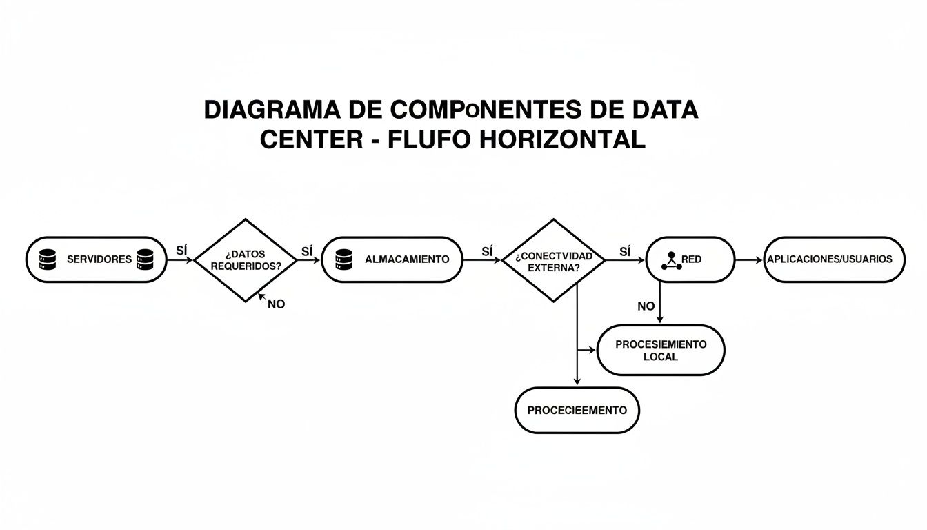 Diagrama de flujo horizontal de componentes de un centro de datos, mostrando servidores, almacenamiento y conectividad.