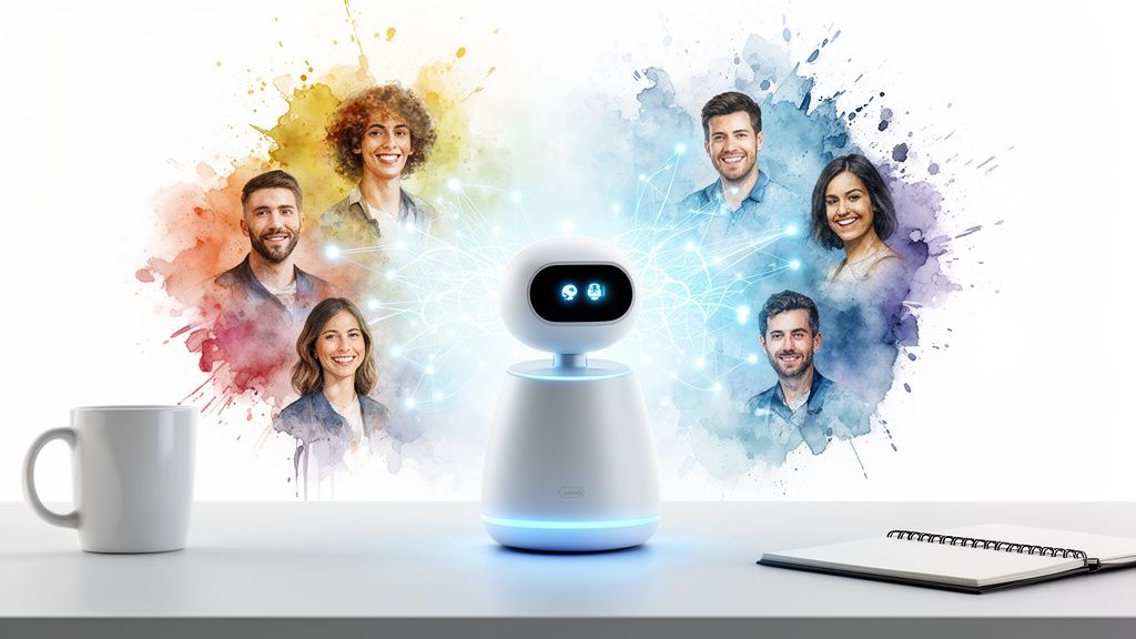 Robot blanco central conectado a seis personas sonrientes en acuarela, sobre una mesa con taza y cuaderno.