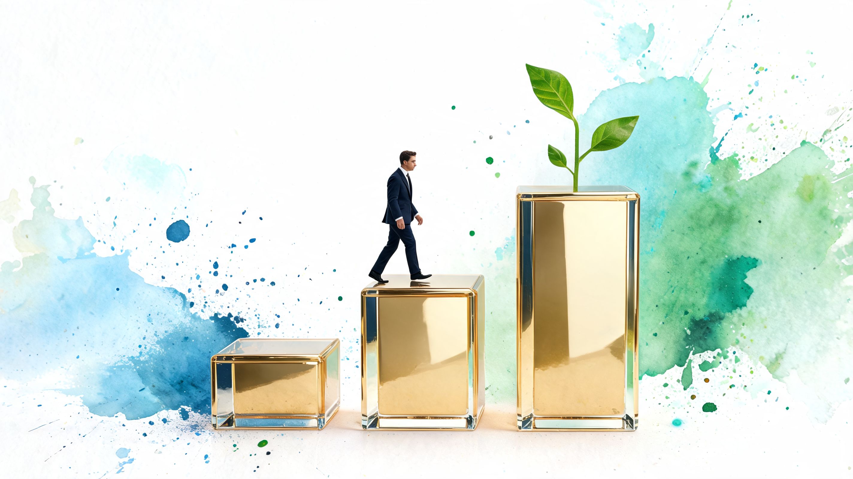 Un hombre de negocios camina sobre bloques dorados hacia una planta que simboliza el crecimiento empresarial.