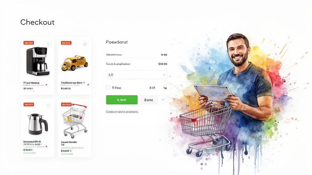 Página de pago con productos y un hombre sonriente usando una tablet, con acuarelas vibrantes.