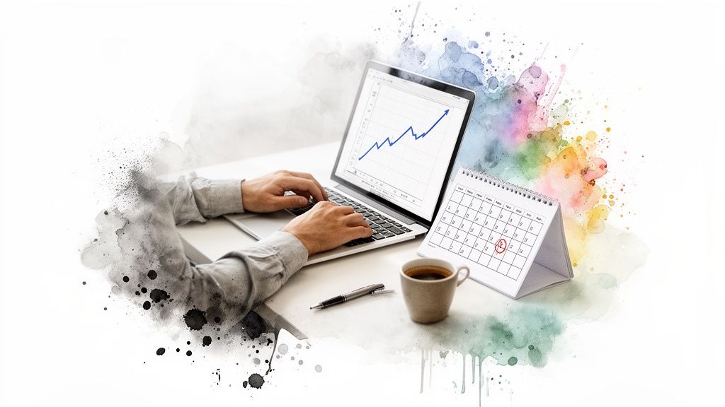 Manos tecleando en laptop con gráfico de crecimiento, calendario de planificación y taza de café, resaltado con acuarela.