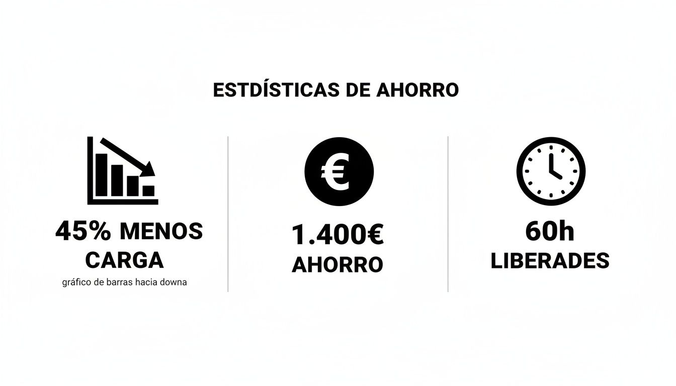 Estadísticas de ahorro destacando una reducción del 45% en carga, 1.400€ de ahorro y 60 horas liberadas.