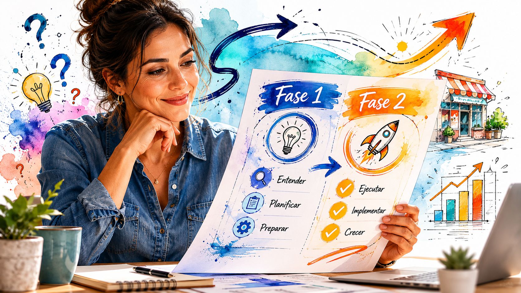 Mujer sonriente sosteniendo un cartel con las dos fases de un proyecto de crecimiento empresarial.