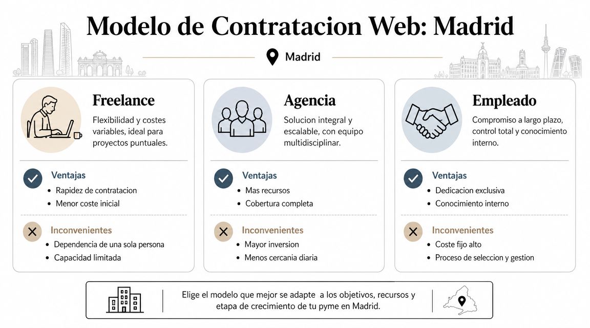 Infografía sobre modelos de contratación web en Madrid comparando freelancers, agencias y empleados para pymes.