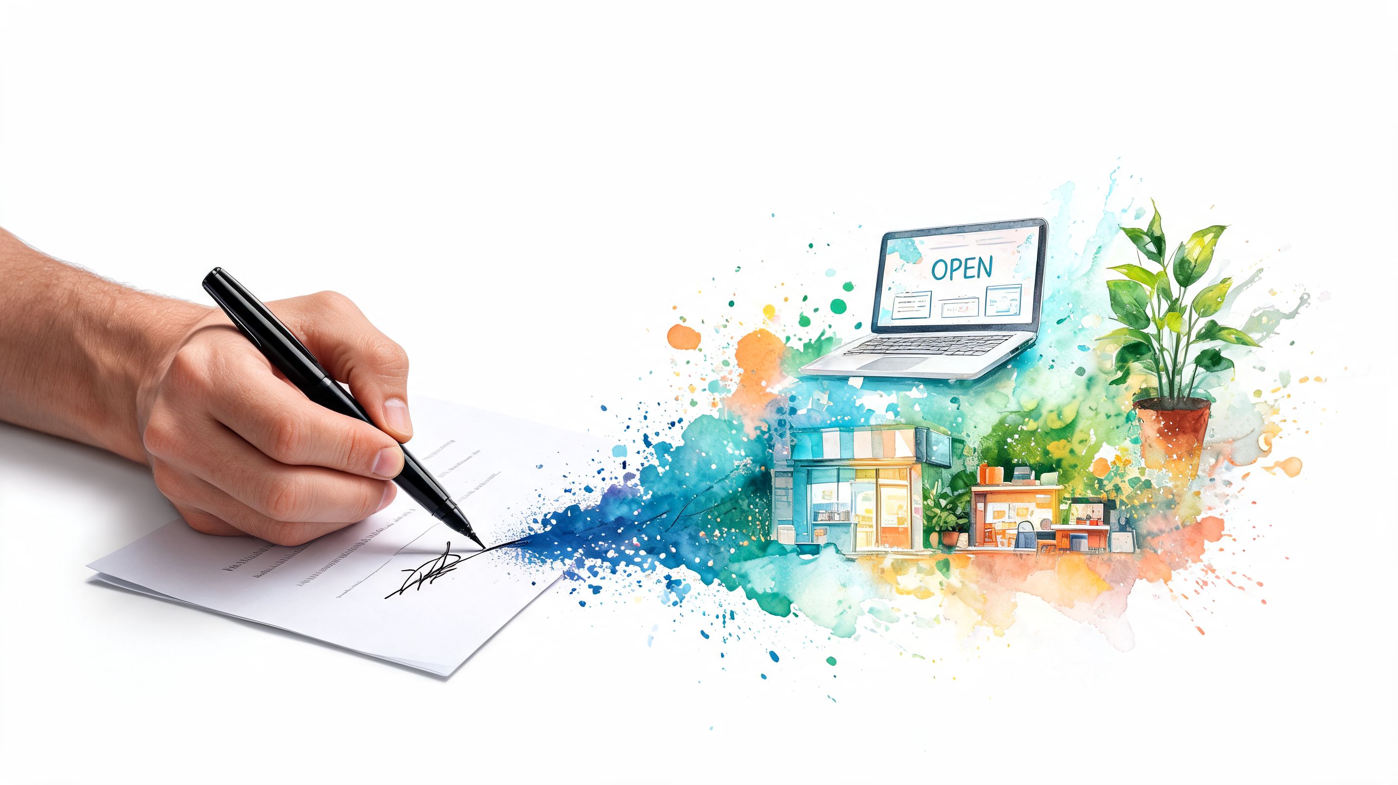Mano firmando un documento que se transforma en elementos digitales y un negocio físico con acuarelas.