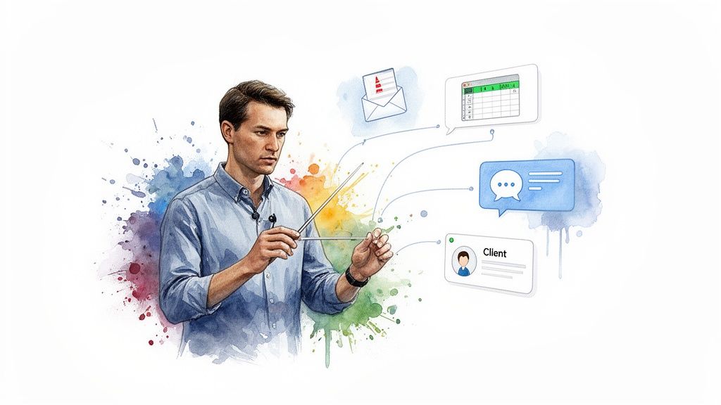 Hombre estilo acuarela presenta conceptos digitales: correo, hoja de cálculo, chat y cliente, con salpicaduras de color.