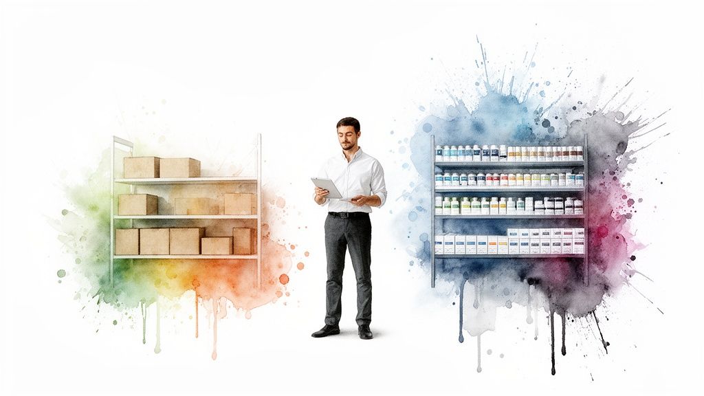 Un hombre con tablet gestiona inventario entre estantes con cajas y productos en un almacén.