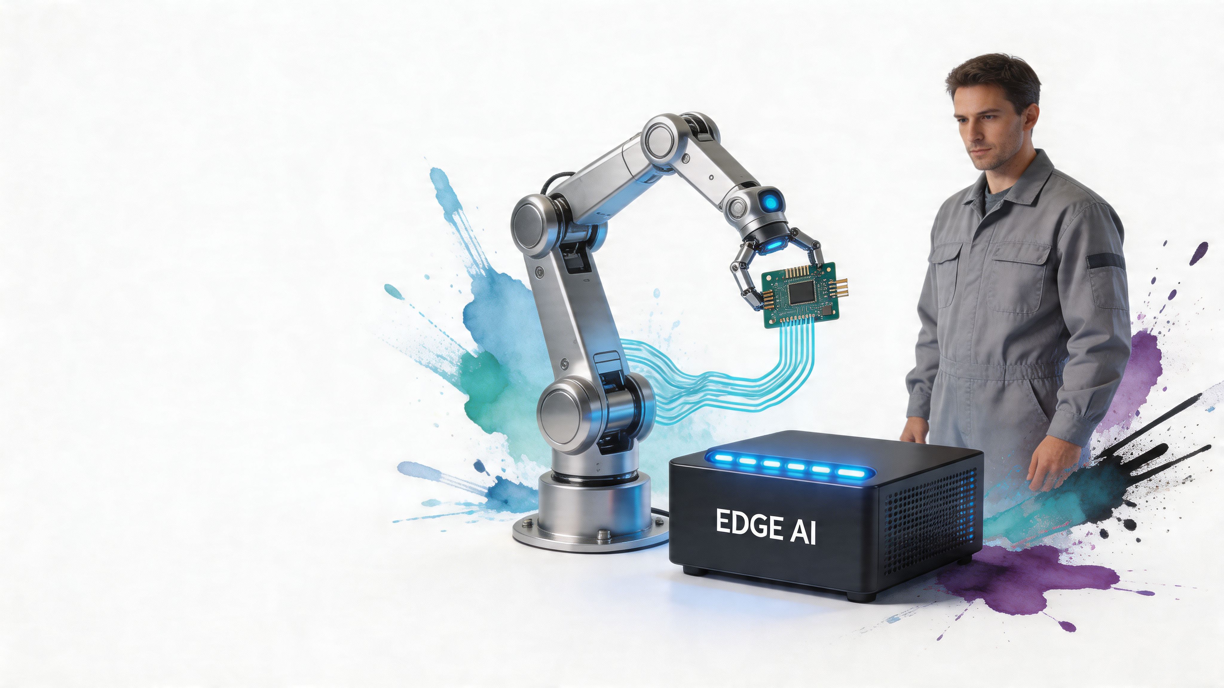 Un ingeniero observa un brazo robótico colocando un microchip en un dispositivo electrónico de inteligencia artificial edge.
