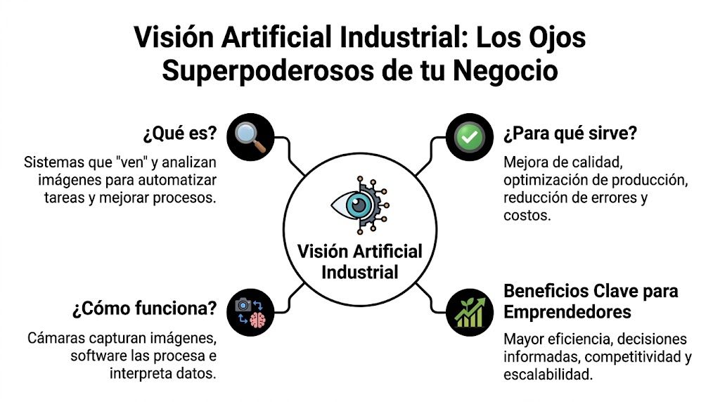Infografía sobre visión artificial industrial explicando su definición, funcionamiento, utilidad y beneficios clave para las empresas.