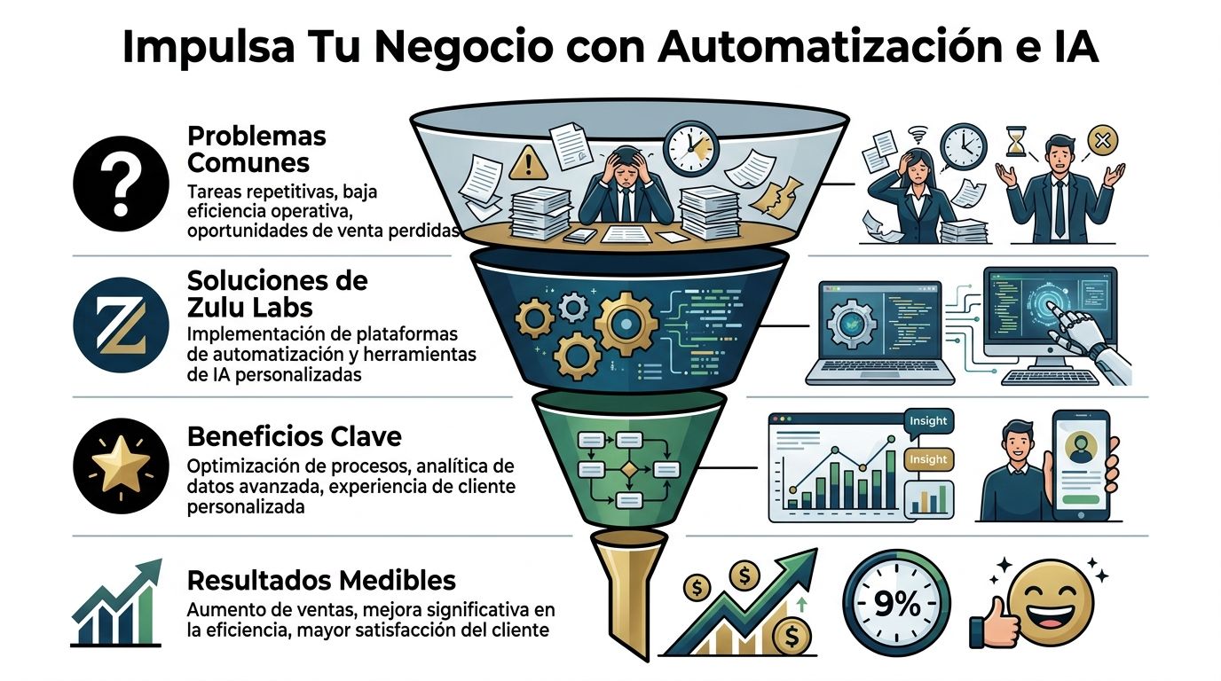 Diagrama de embudo mostrando cómo la automatización y la inteligencia artificial impulsan el crecimiento empresarial y la eficiencia.