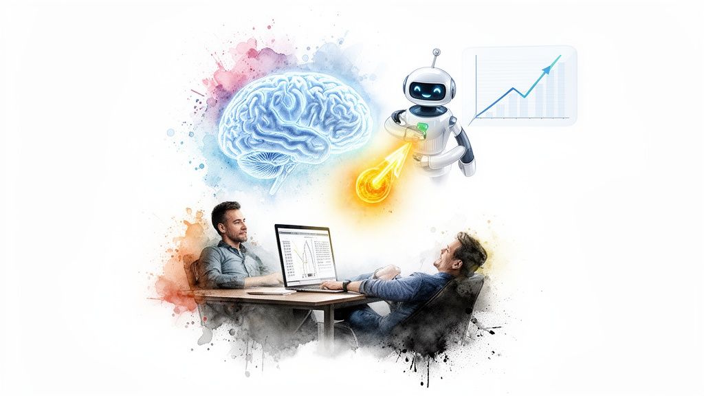 Un robot y un cerebro que simbolizan la IA, ayudando a personas a analizar datos y lograr el crecimiento empresarial.
