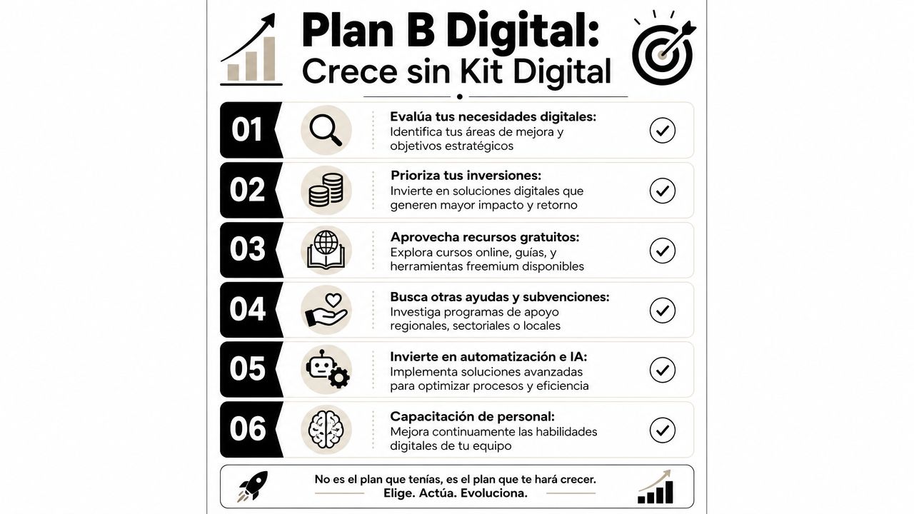 Infografía con seis pasos estratégicos para fomentar el crecimiento empresarial sin depender de programas de ayuda gubernamental.
