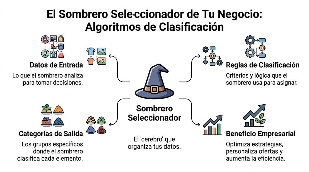 Diagrama del concepto Sombrero Seleccionador representando el funcionamiento de algoritmos de clasificación en los negocios.